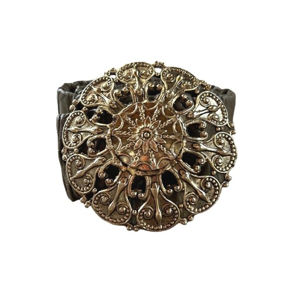 90s Y2K Disc Buckle Belt with Taupe Wide Elastic Band - Picture 2 of 8